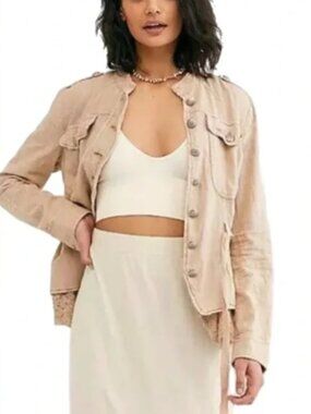 Free People Emilia Linen Blend Utility Jacket Size L in Tan Boho Eyelet Trim